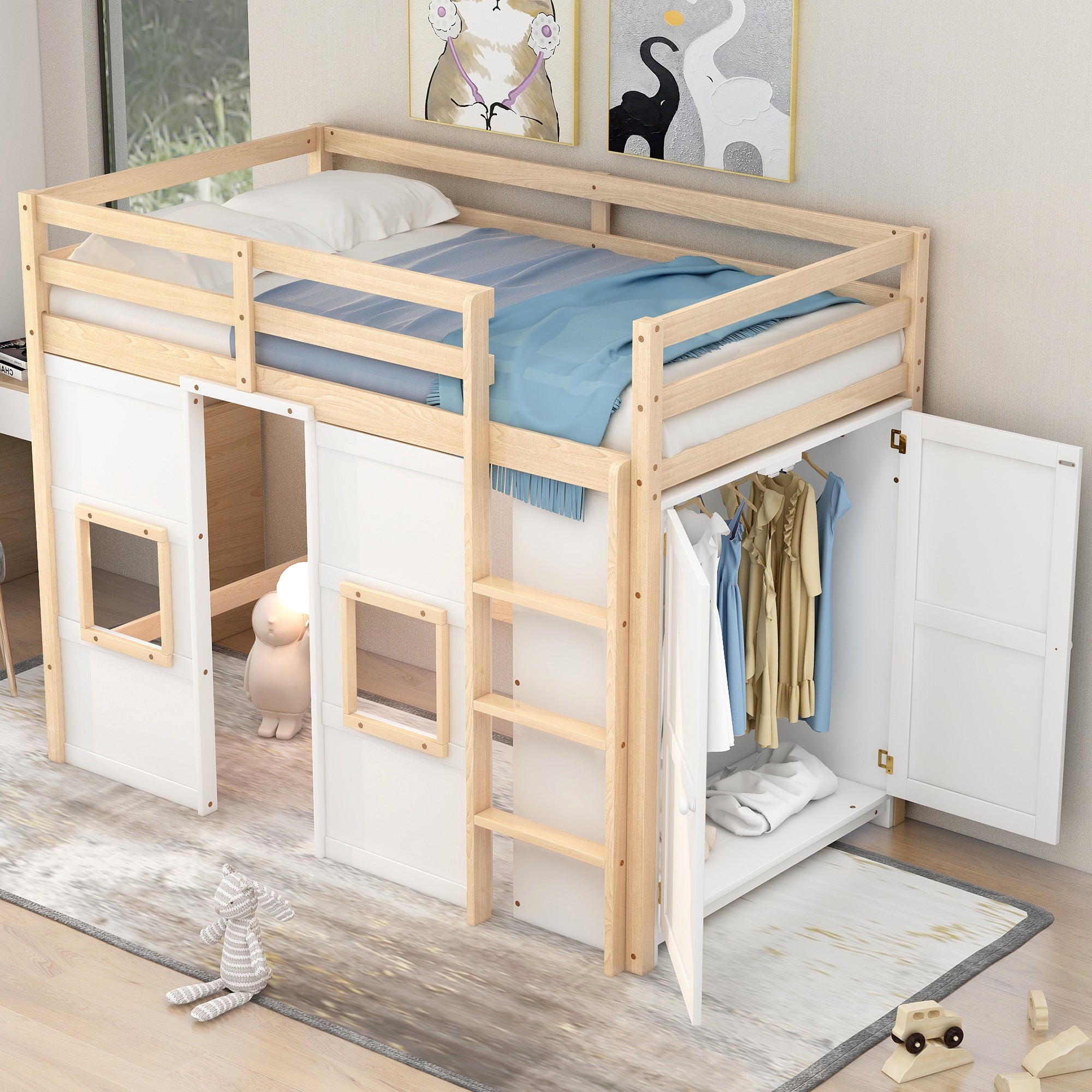 Wood Twin Size Loft Bed with Built-in Storage Wardrobe and 2 Windows, Natural/White - Atlantic Fine Furniture Melbourne FL