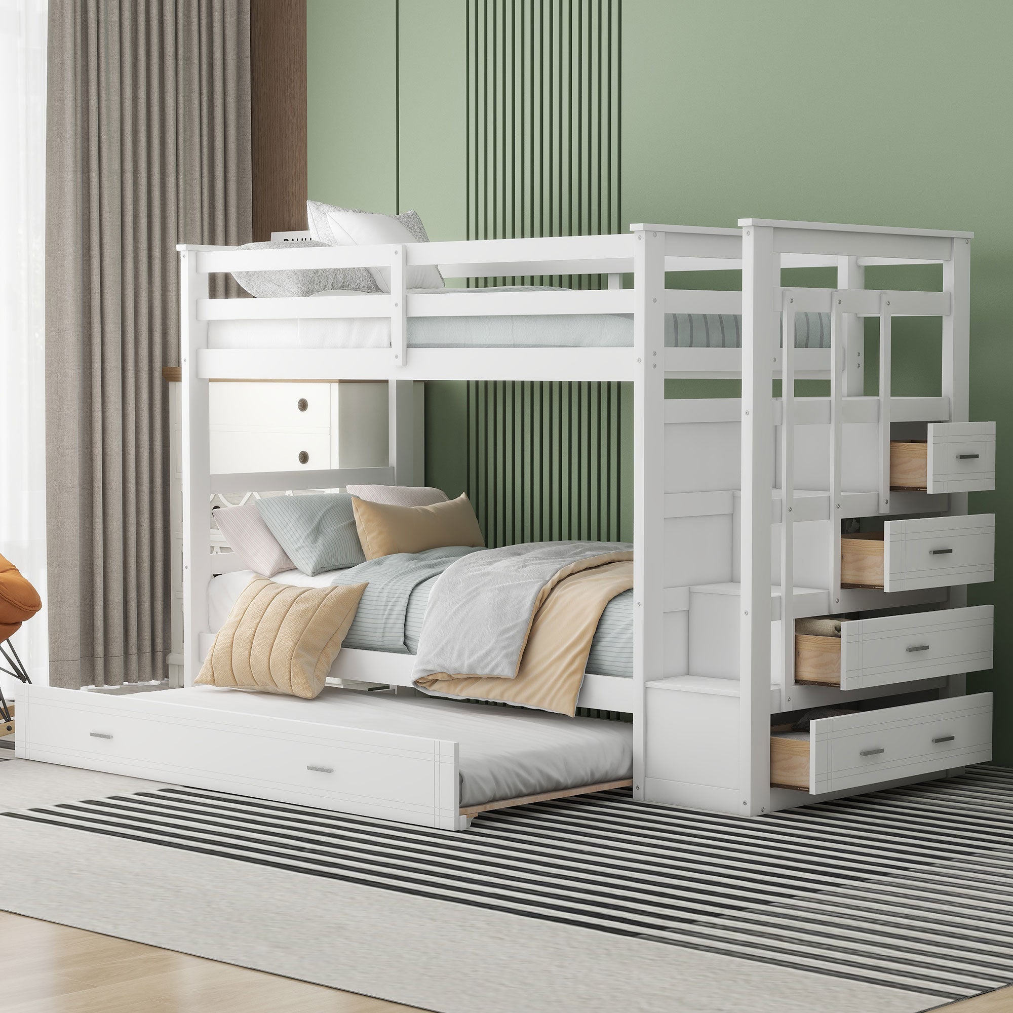 Twin Over Twin Bunk Bed with Trundle and Staircase,White(OLD SKU:LT000068AAK) - Atlantic Fine Furniture Melbourne FL