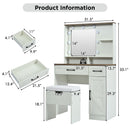 Farmhouse Makeup Vanity Desk With Mirror And Lights, 3 Lighting Modes, Vanity Set With Stool, Dressing Table With Adjustable Shelves, 2 Drawers And Side Cabinet For Bedroom - White