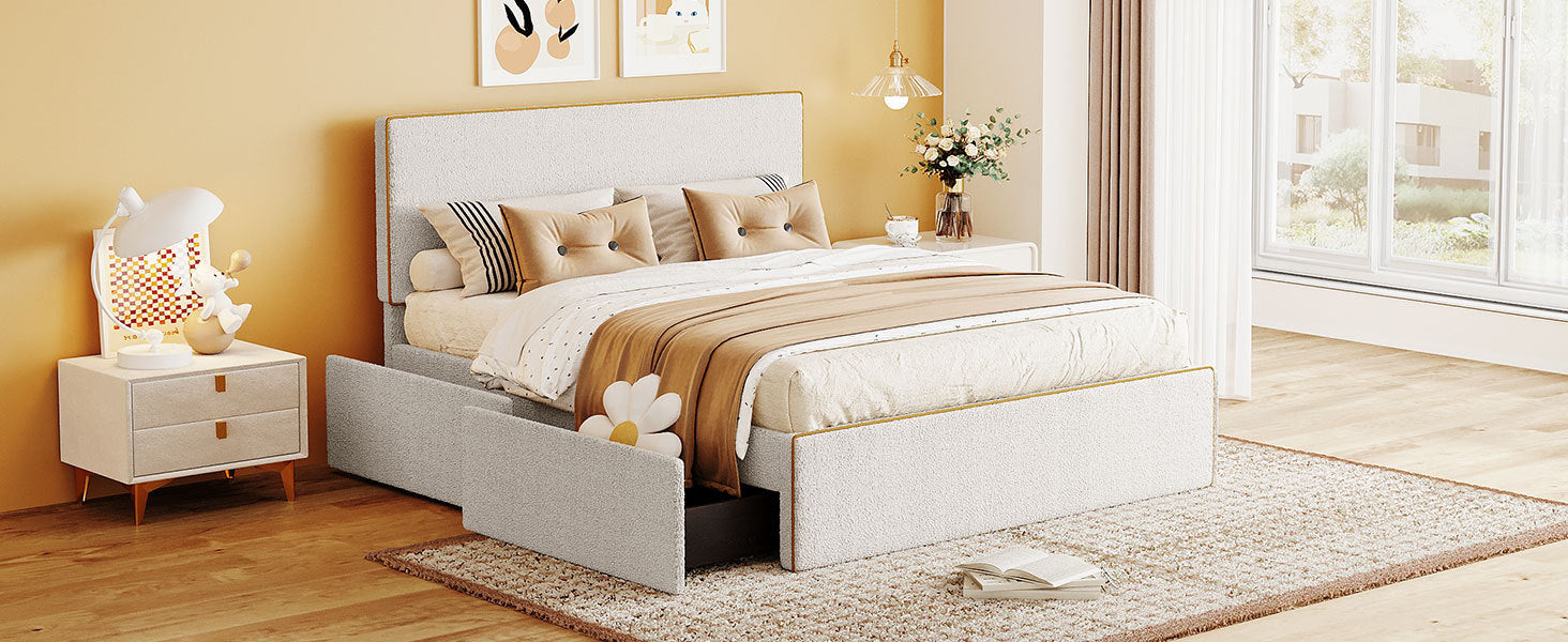 Full Size Upholstered Platform Bed with 4 Drawers and Golden Edge on the Headboard & Footboard, White - Atlantic Fine Furniture Melbourne FL