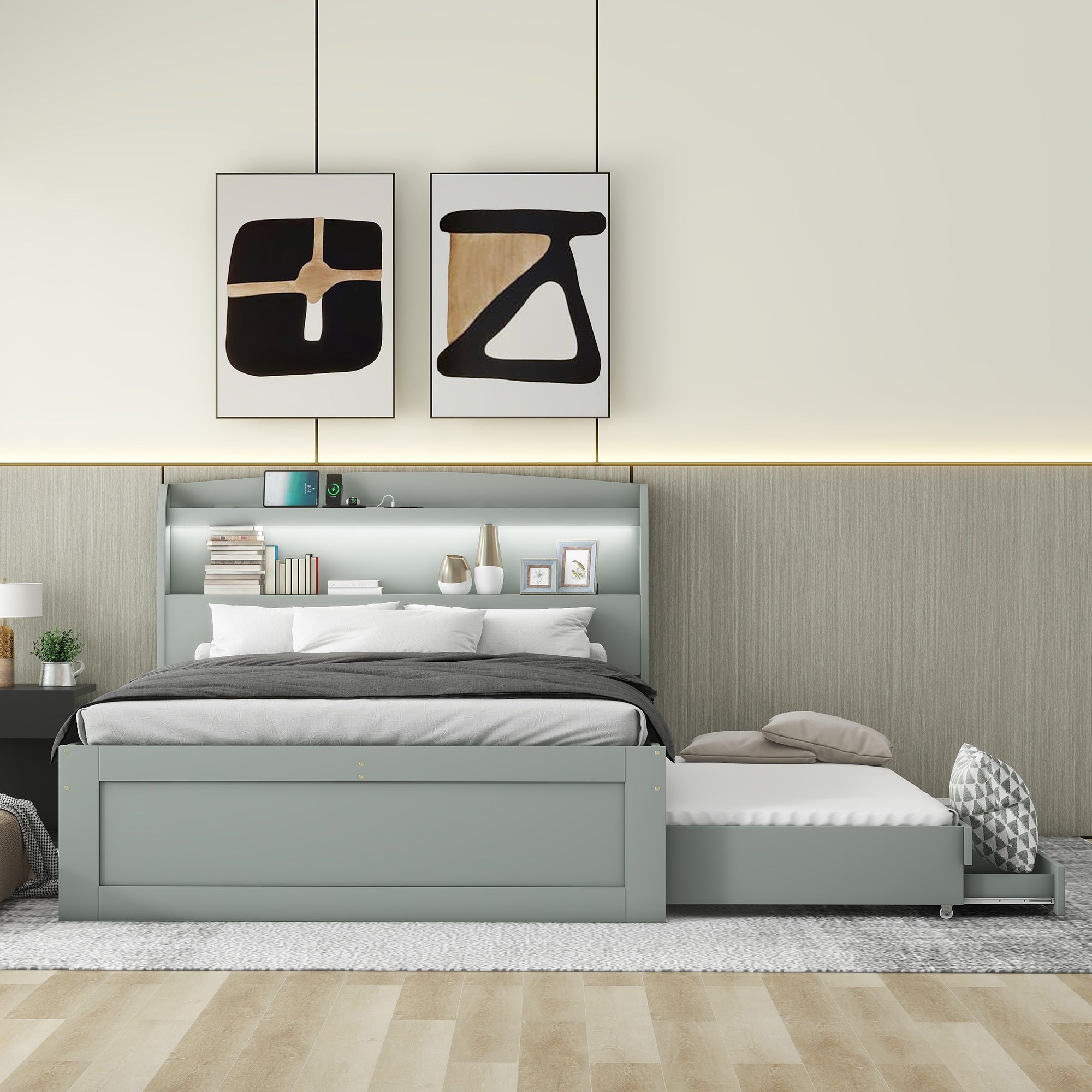 Full XL Size Platform Bed with Storage LED Headboard, Charging Station, Twin Size Trundle and 2 Drawers, Gray - Atlantic Fine Furniture Melbourne FL