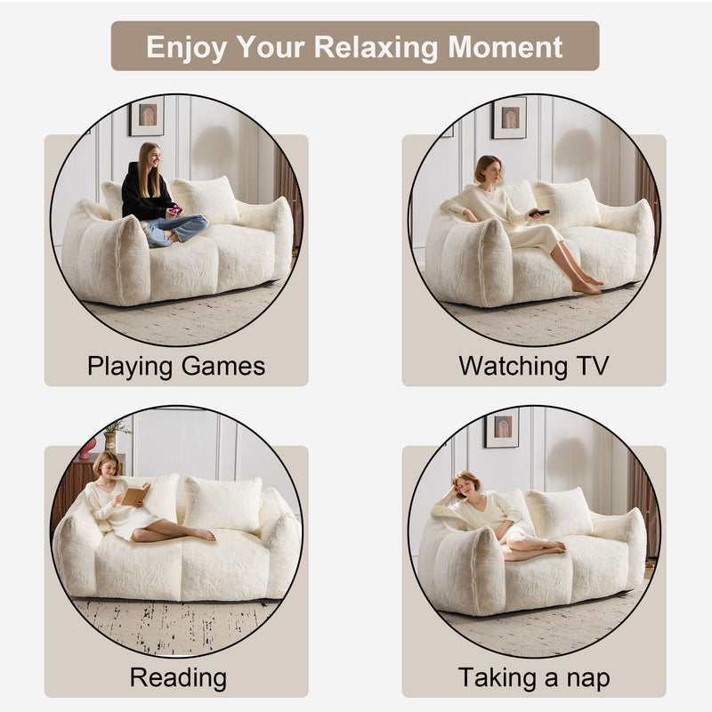 Giant Bean Bag Couch, Ultra Soft Fluffy Loveseat For Living Room Reading Chair With Pillows - White