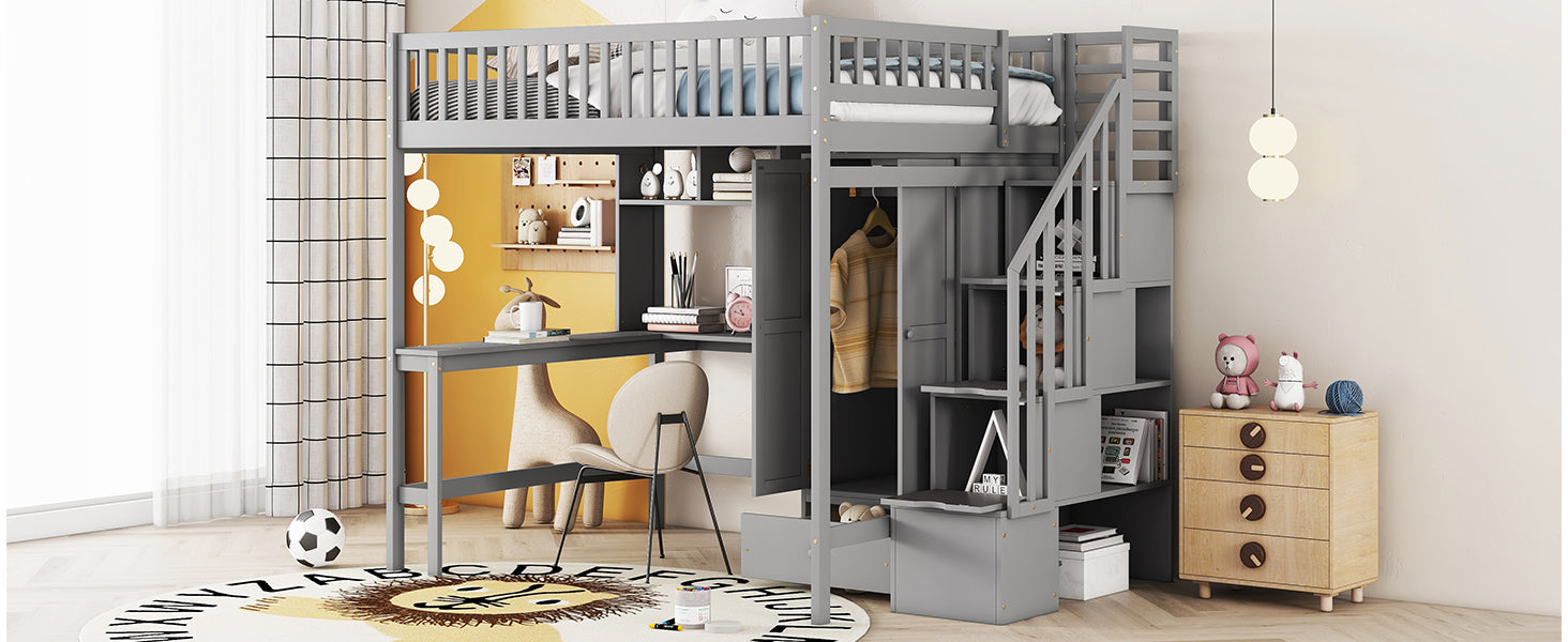 Full size Loft Bed with Bookshelf,Drawers,Desk,and Wardrobe-Gray - Atlantic Fine Furniture Melbourne FL