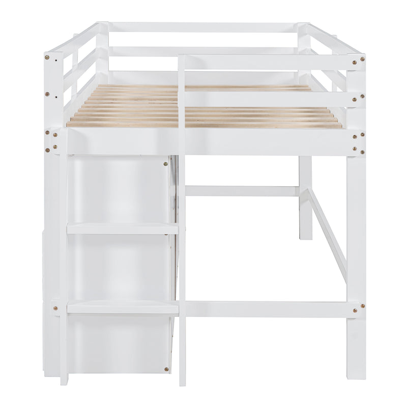 Twin Size Loft Bed with 4 Drawers, Underneath Cabinet and Shelves, White