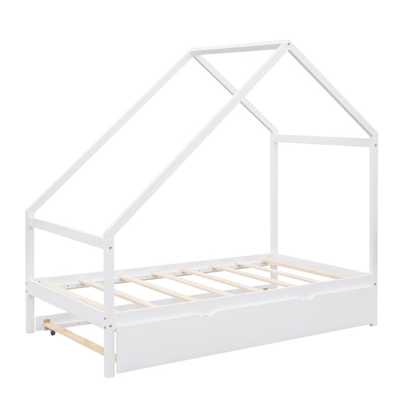 Twin Size Wooden House Bed With Twin Size Trundle, White