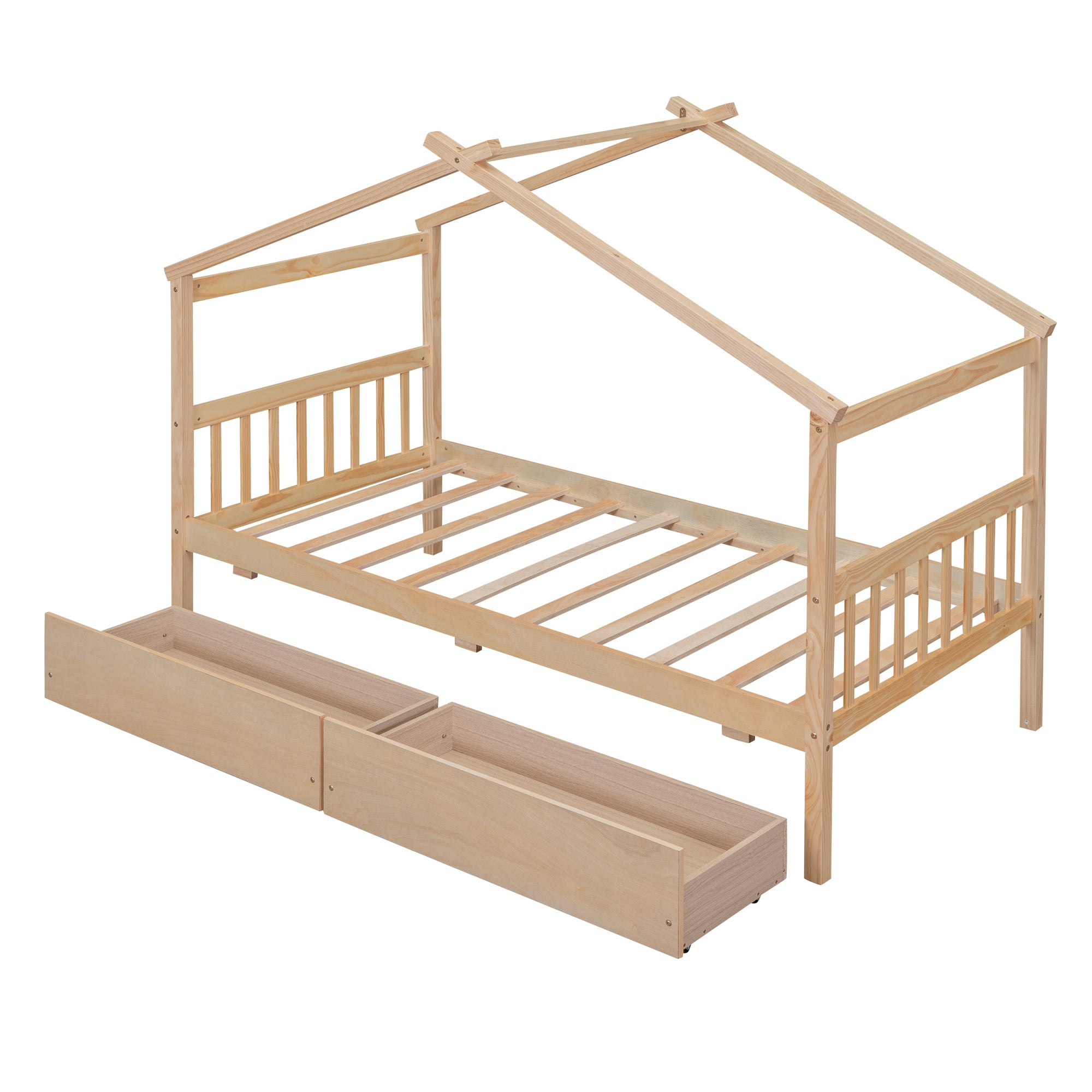 Twin Size Wooden House Bed with Drawers, Natural - Atlantic Fine Furniture Melbourne FL
