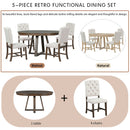 Retro Functional Dining Set, Round Table With Leaf And Upholstered Chairs For Dining Room And Living Room