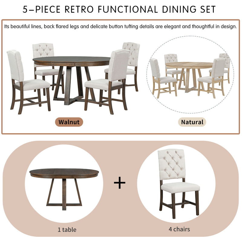 Retro Functional Dining Set, Round Table With Leaf And Upholstered Chairs For Dining Room And Living Room