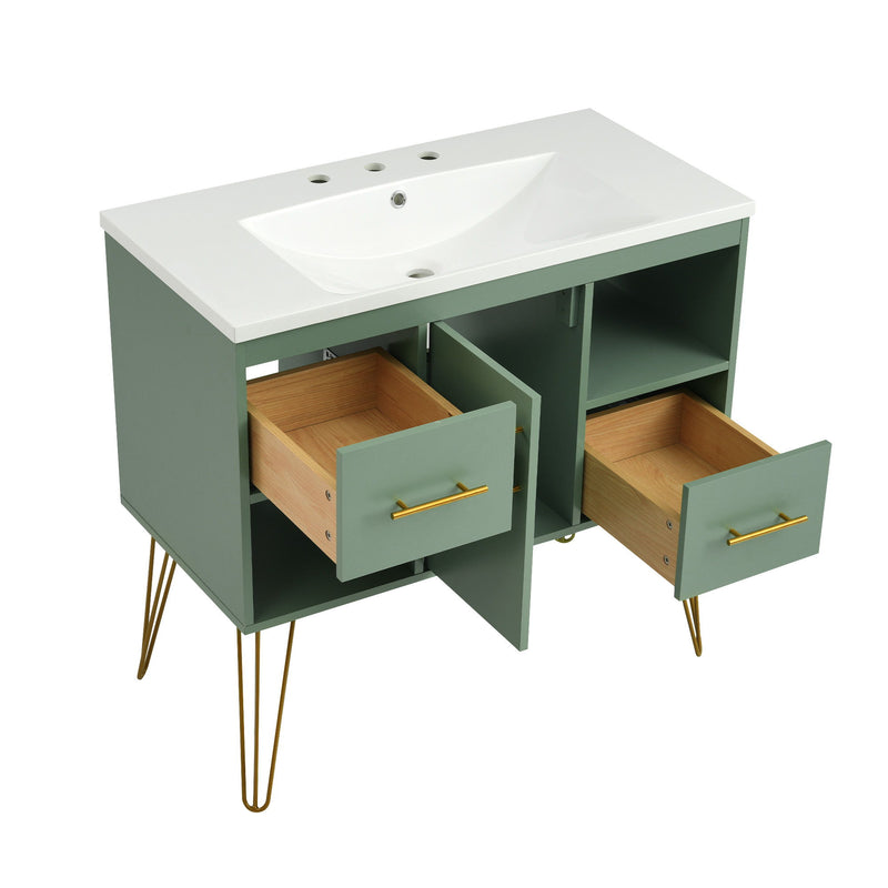 Bathroom Vanity With Resin Sink Combo Set, Modern Freestanding Single Bathroom Cabinet With 2 Drawers & 2 Storage Compartments, Storage Cabinet For Bathroom, Frame Vanity Set - Green