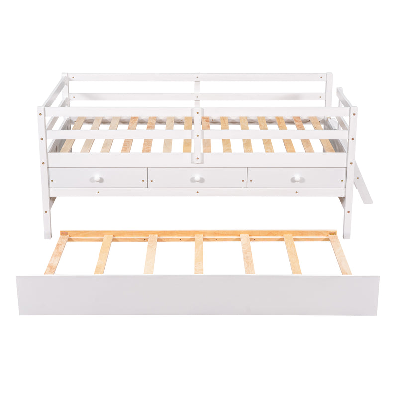 Low Loft Bed Twin Size with Full Safety Fence, Climbing ladder, Storage Drawers and Trundle White Solid Wood Bed