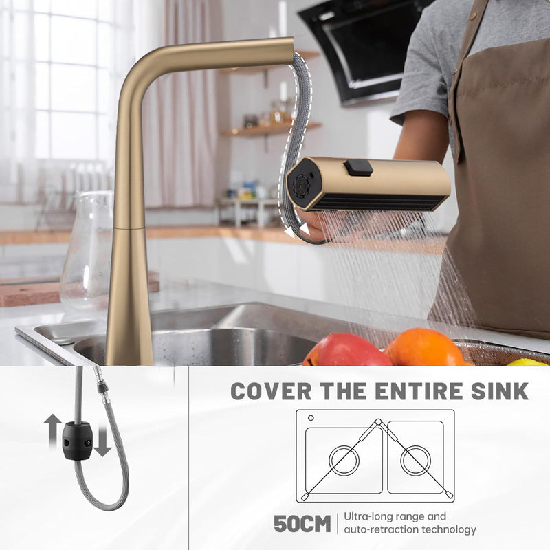 Waterfall Kitchen Faucet With Temperature Display And Pull Down Sprayer - Brushed Gold
