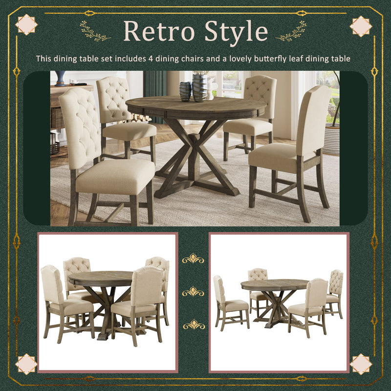 Functional Furniture Retro Style Dining Table Set With Extendable Table And 4 Upholstered Chairs For Dining Room And Living Room