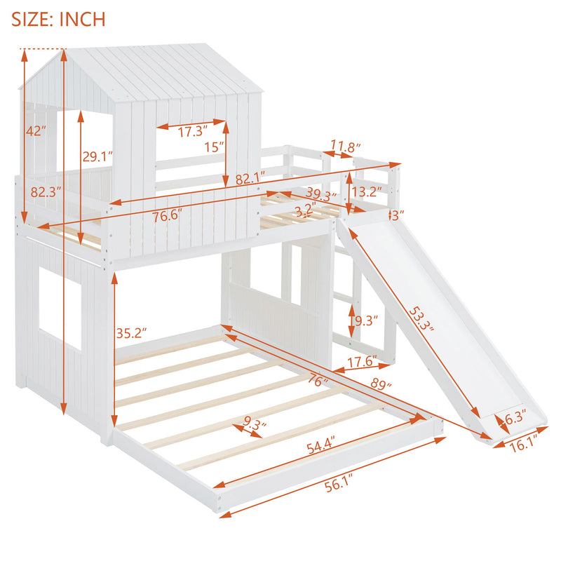 Wooden Twin Over Full Bunk Bed, Loft Bed With Playhouse, Farmhouse, Ladder, Slide And Guardrails - White