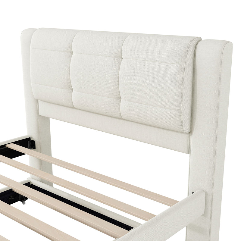 Full Size Upholstered Platform Bed With Adjustable Trundle - Beige