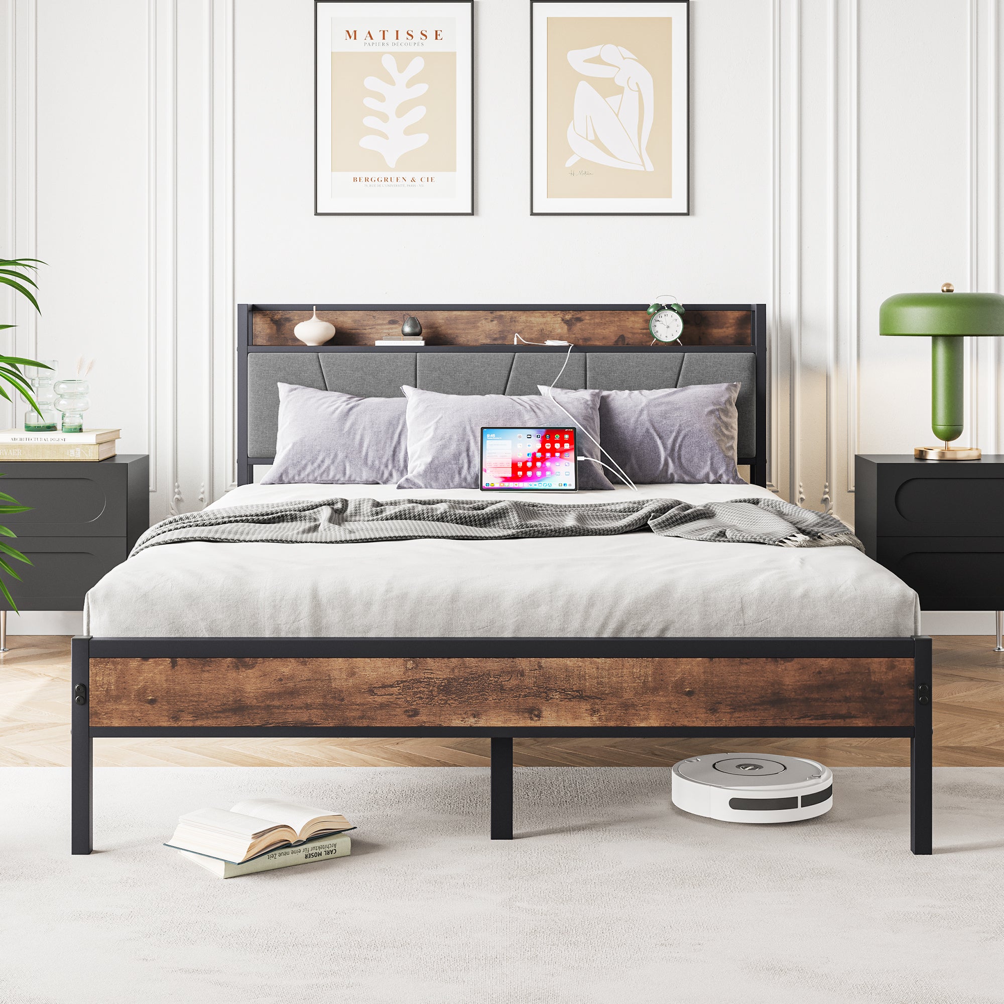 Queen Size Bed Frame, Storage Headboard with Charging Station, Solid and Stable, Noise Free, No Box Spring Needed, Easy Assembly, Vintage Brown and Gray - Atlantic Fine Furniture Melbourne FL