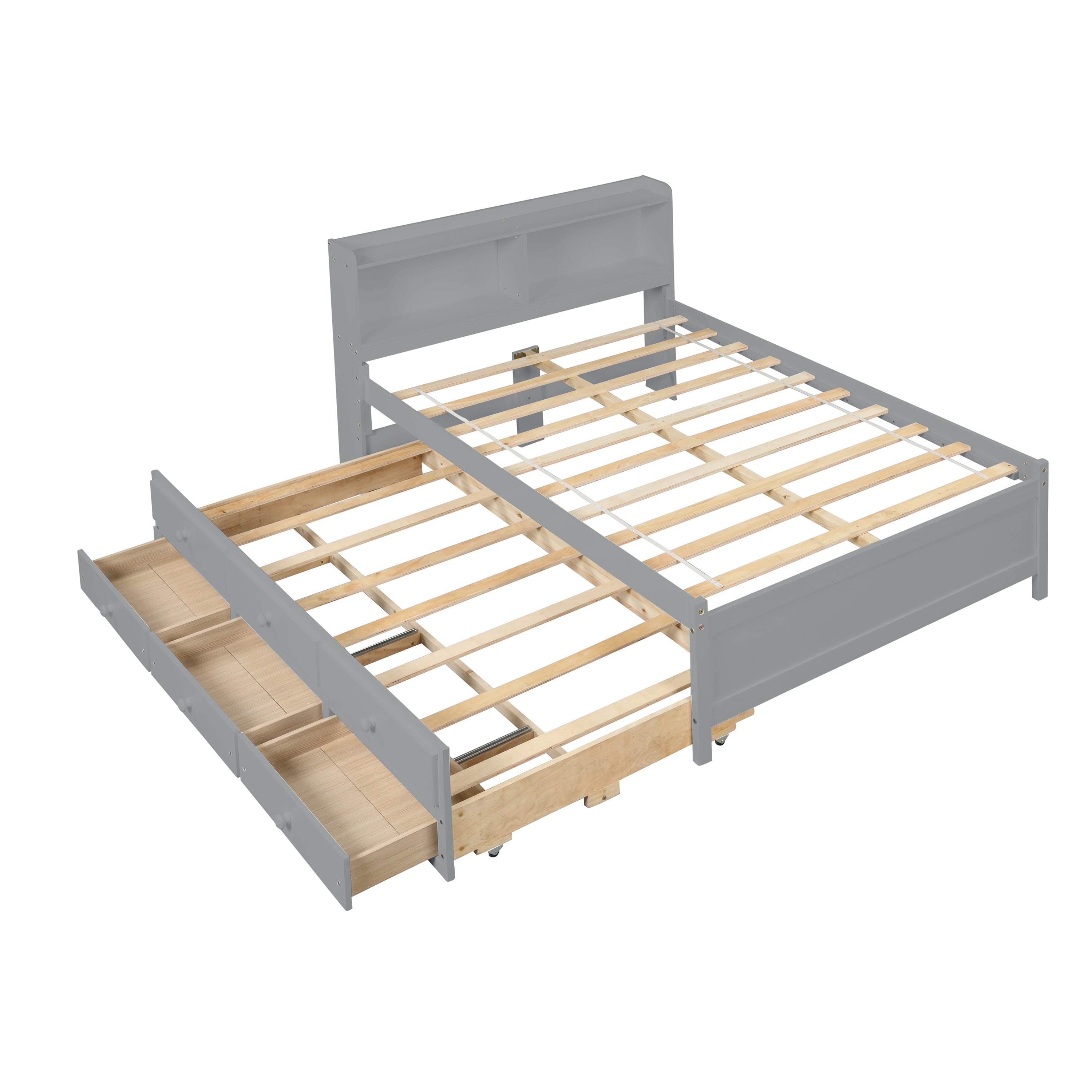 Full Bed with Bookcase,Twin Trundle,Drawers,Grey
