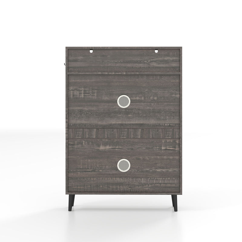 Farmhouse Shoe Storage Cabinet With Barn Door Design, 2 Flip Drawers, Hooks - Dark Oak