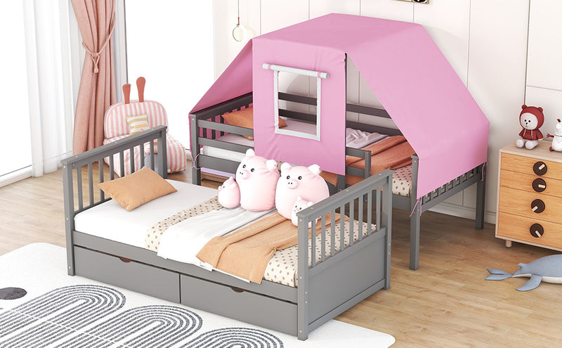 Twin Over Twin Bunk Bed Wood Bed with Tent and Drawers, Gray+Pink Tent