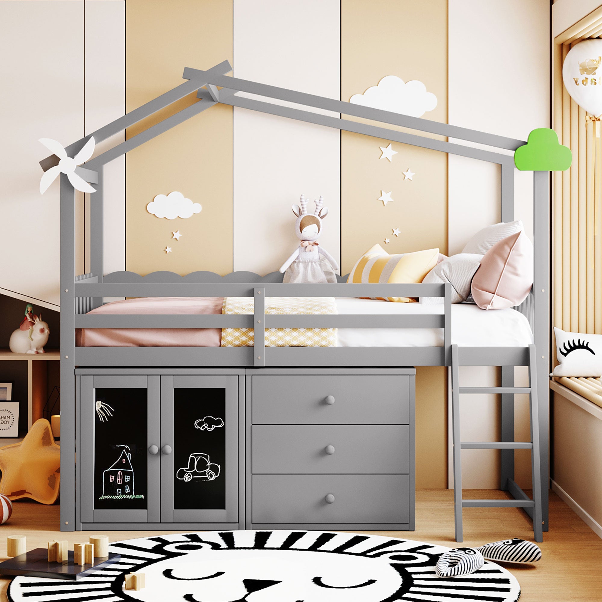 Twin Size House Bed With Cabinet and Drawers, Gray - Atlantic Fine Furniture Melbourne FL