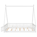 Full Tent-shaped Floor Bed, with Guardrails, Slats, Door ,White