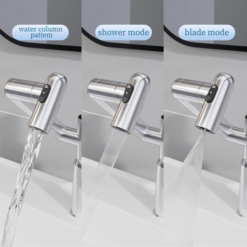 Bathroom Sink Faucet With Spray Function And Temperature Display, Anti Skid Switch, 360 Degree Rotary, Brass Material - Chrome