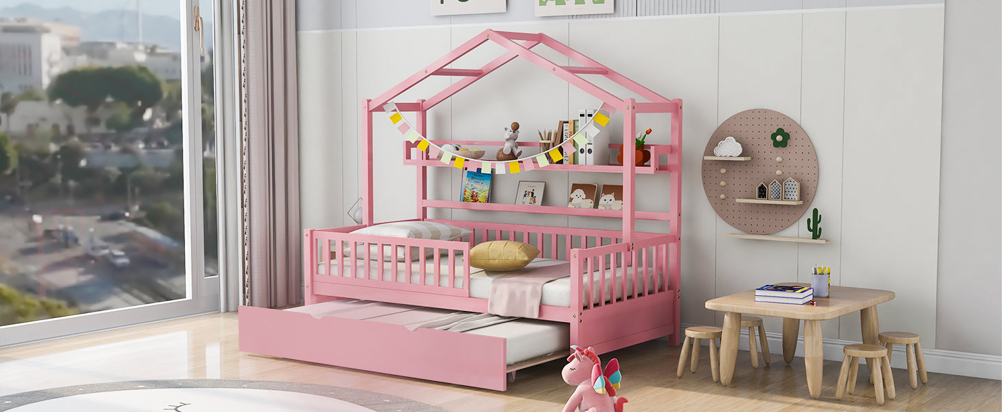 Wooden Twin Size House Bed with Trundle,Kids Bed with Shelf, Pink - Atlantic Fine Furniture Melbourne FL
