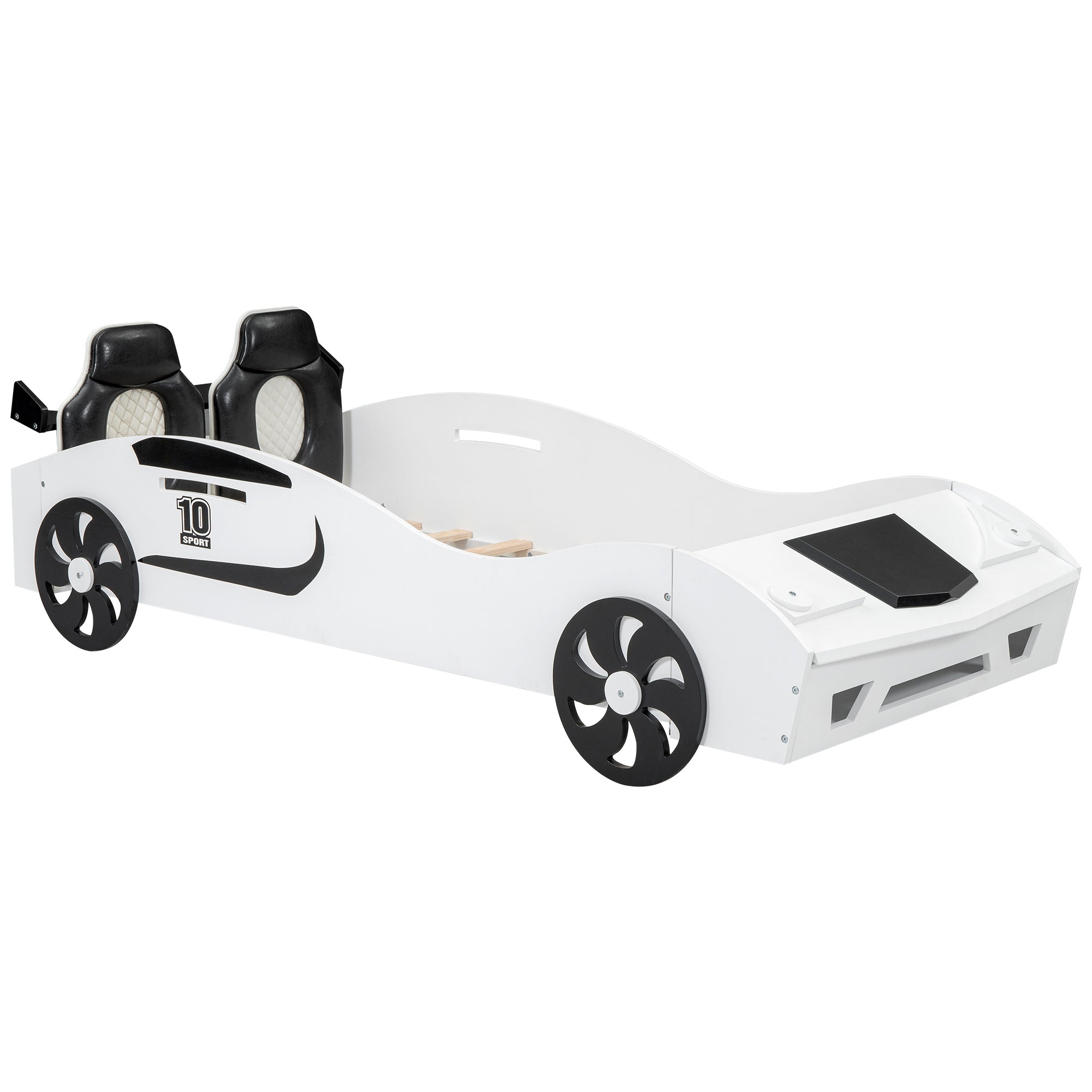 Twin Size Race Car-Shaped Platform Bed with Upholstered Backrest and Storage, White - Atlantic Fine Furniture Melbourne FL