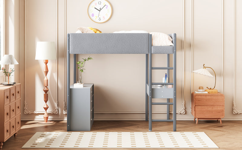 Full Size Teddy FleeceLoft Bed Wood Bed, Gray