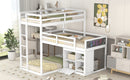 L-shaped Wood Triple Twin Size Bunk Bed with Storage Cabinet and Blackboard, Ladder, White