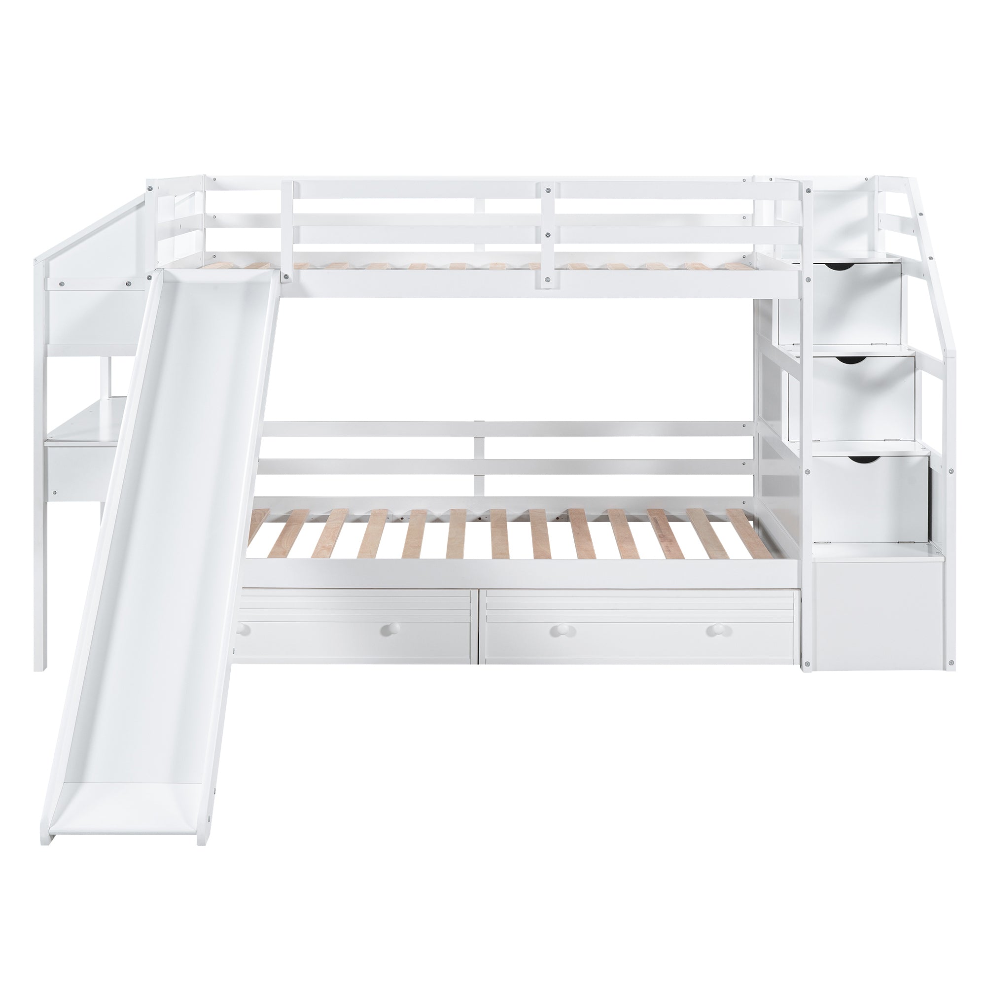 Twin over Twin Bunk Bed with Storage Staircase, Slide and Drawers, Desk with Drawers and Shelves, White - Atlantic Fine Furniture Melbourne FL