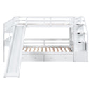 Twin over Twin Bunk Bed with Storage Staircase, Slide and Drawers, Desk with Drawers and Shelves, White