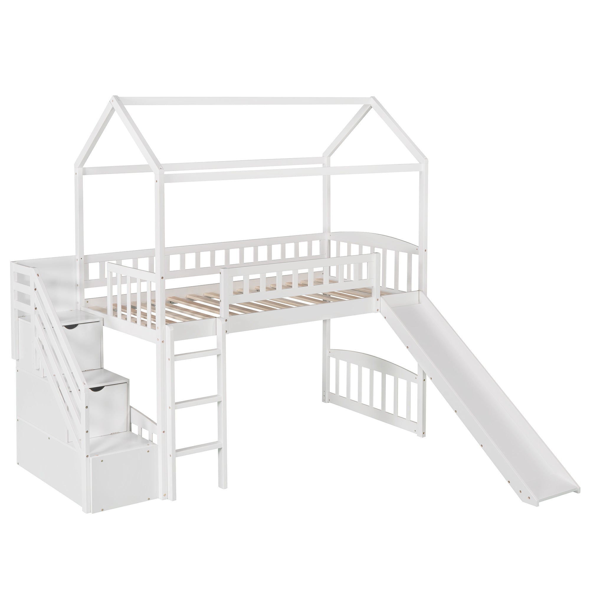 Twin Loft Bed with Two Drawers and Slide, House Bed with Slide, White (Old SKU: LP000130AAK) - Atlantic Fine Furniture Melbourne FL