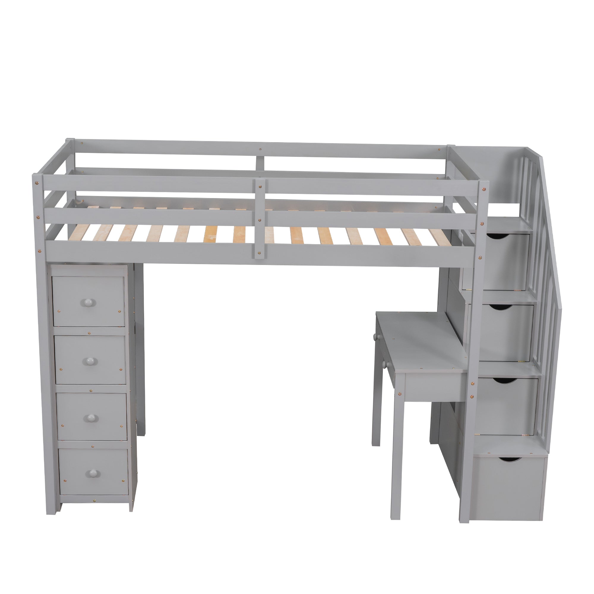 Twin size Loft Bed with Storage Drawers ,Desk and Stairs, Wooden Loft Bed with Shelves - Gray - Atlantic Fine Furniture Melbourne FL
