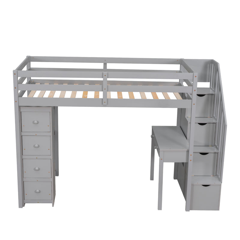 Twin size Loft Bed with Storage Drawers ,Desk and Stairs, Wooden Loft Bed with Shelves - Gray