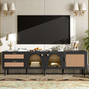 Rattan TV Stand With 3 Cabinets & 2 Drawers, Rattan-Inspired Media Console Table For Tvs Up To 80'', LED Light Entertainment Center, TV Cabinet For Living Room - Black