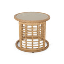 Outdoor Side Table With Tempered Glass Top And Rattan Wicker Cover - Light Brown