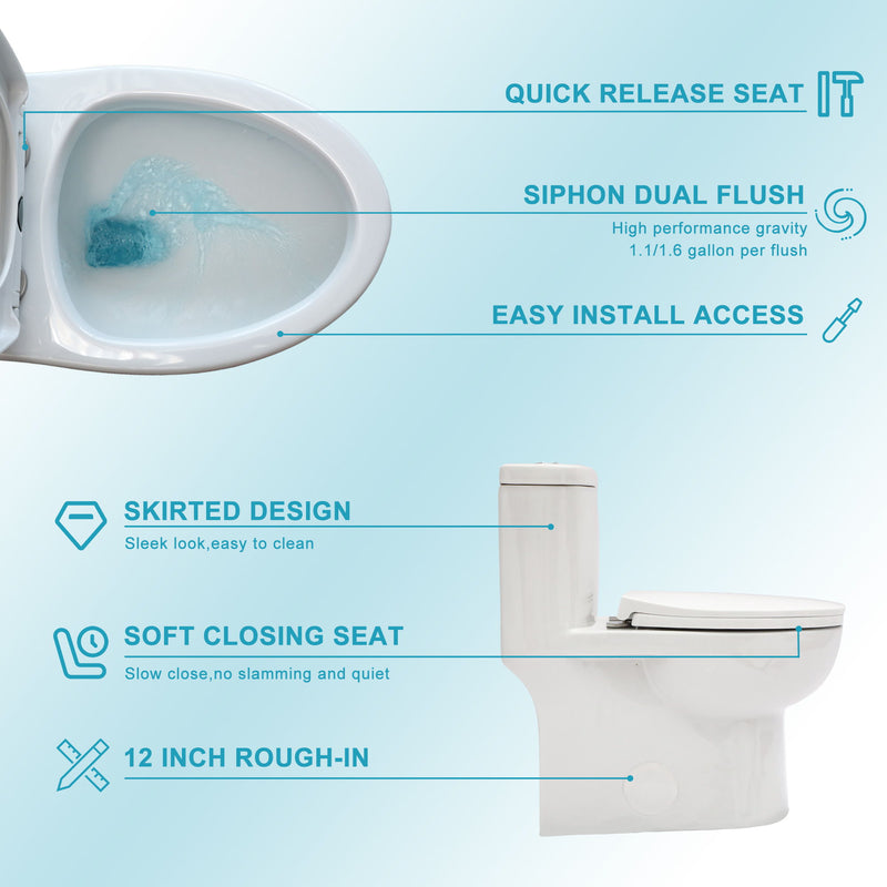 1 Piece Toilet For Bathroom, Dual Flush, Soft Closing Seat - White