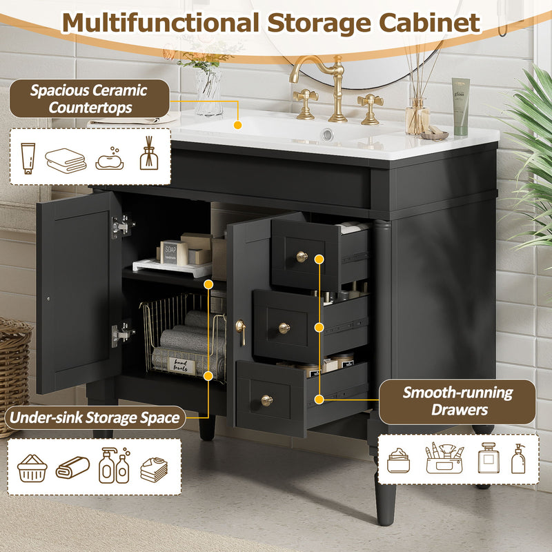Bathroom Vanity With Ceramic Sink, 2 Doors 3 Drawers, Soft Close Design