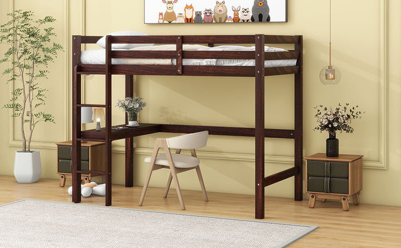 Loft Pine Wood Bed With Built-In Desk, Safety Guardrails, Ladder