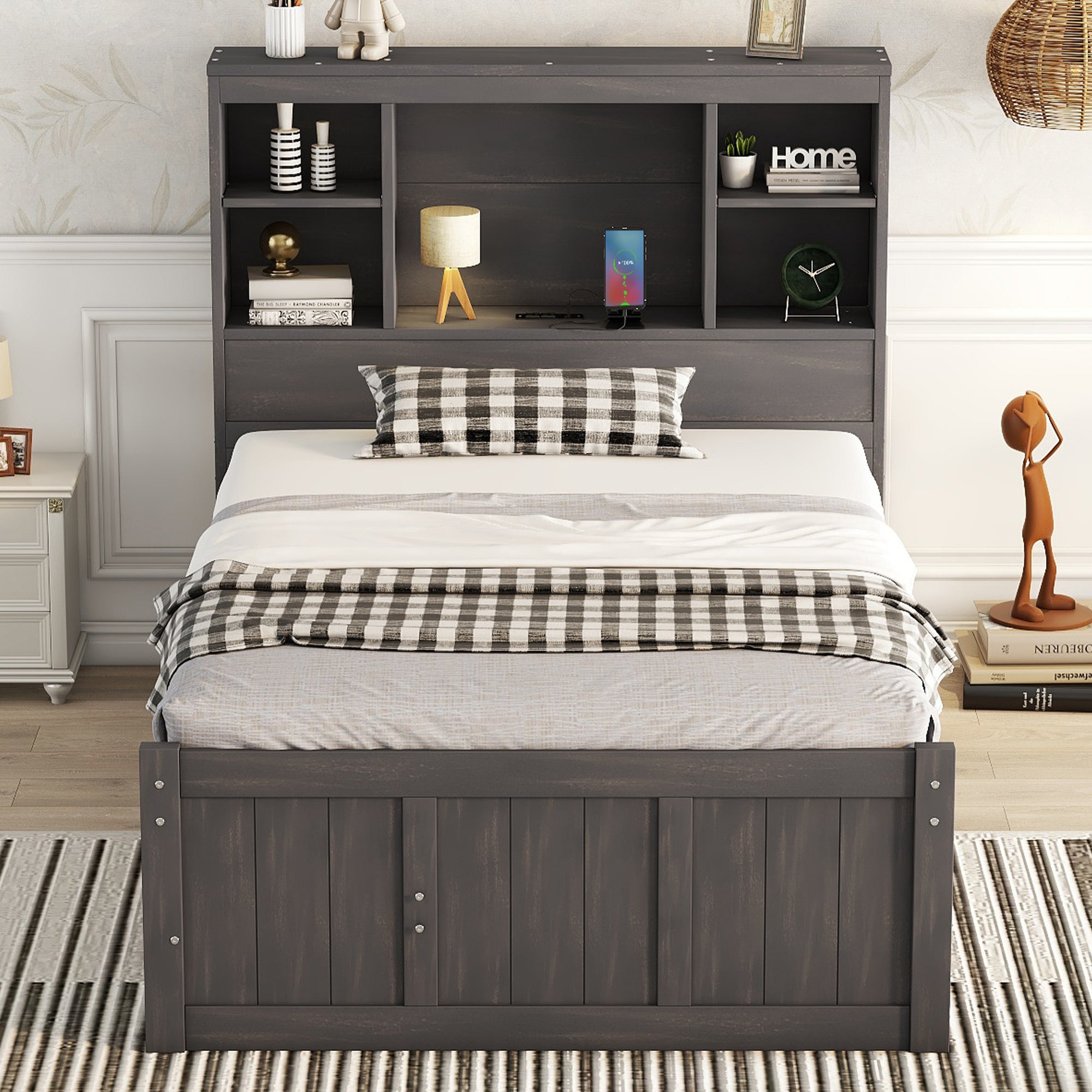 Twin Size Platform Bed with Storage Headboard, Charging Station, Twin Size Trundle and 3 Drawers, Antique Brown - Atlantic Fine Furniture Melbourne FL