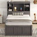 Twin Size Platform Bed with Storage Headboard, Charging Station, Twin Size Trundle and 3 Drawers, Antique Brown