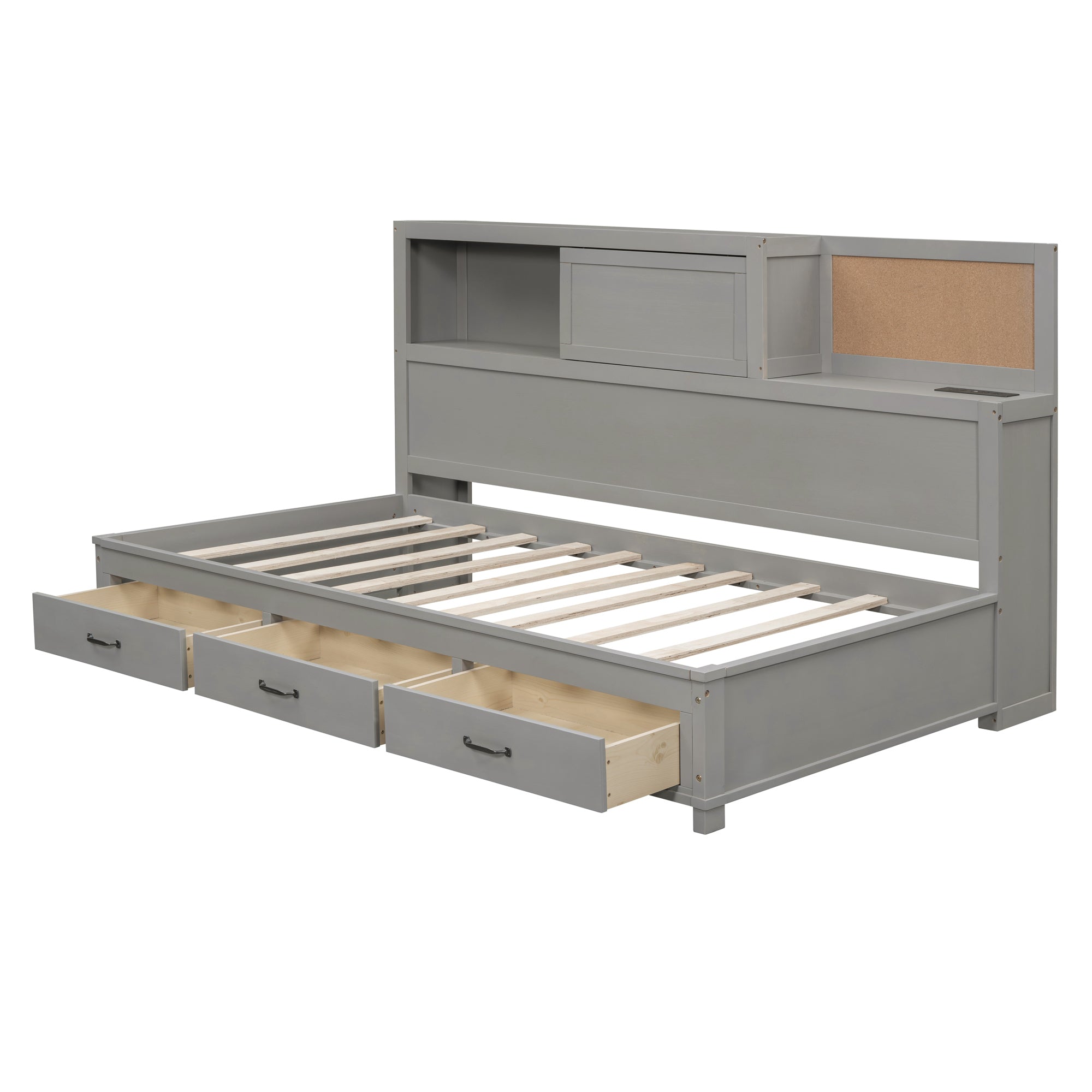 Twin Size Wooden Daybed with 3 Storage Drawers, Upper Soft Board, shelf, and a set of Sockets and USB Ports, Gray - Atlantic Fine Furniture Melbourne FL