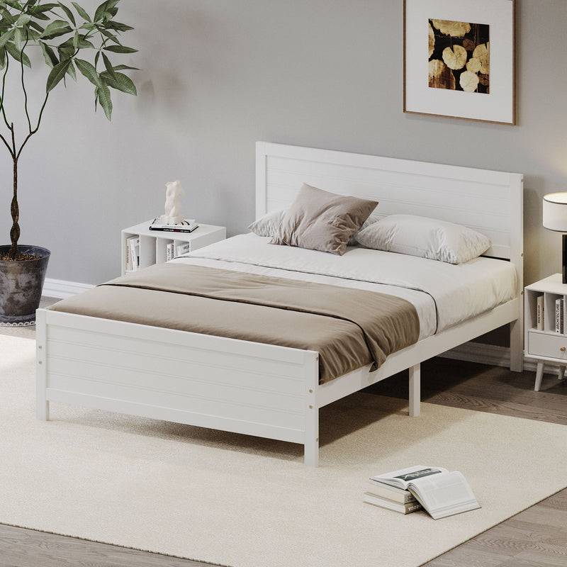 King Size Wood Platform Bed Frame With Headboard, Mattress Foundation With Wood Slat Support, No Box Spring Needed - White