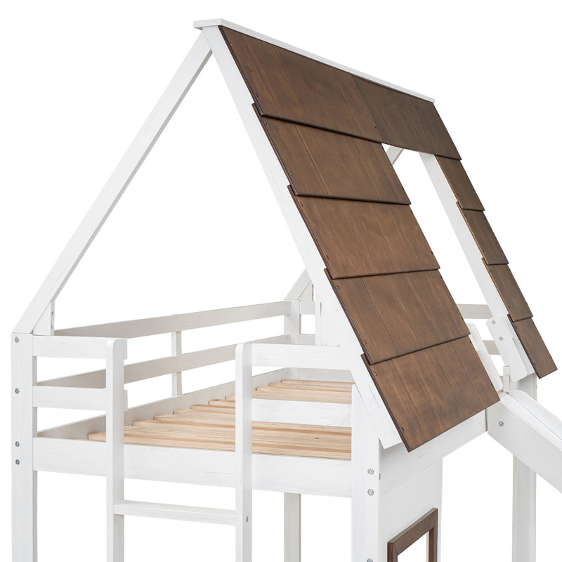 Wood Twin Size House Bunk Bed With Roof, Ladder And Slide - White / Brown