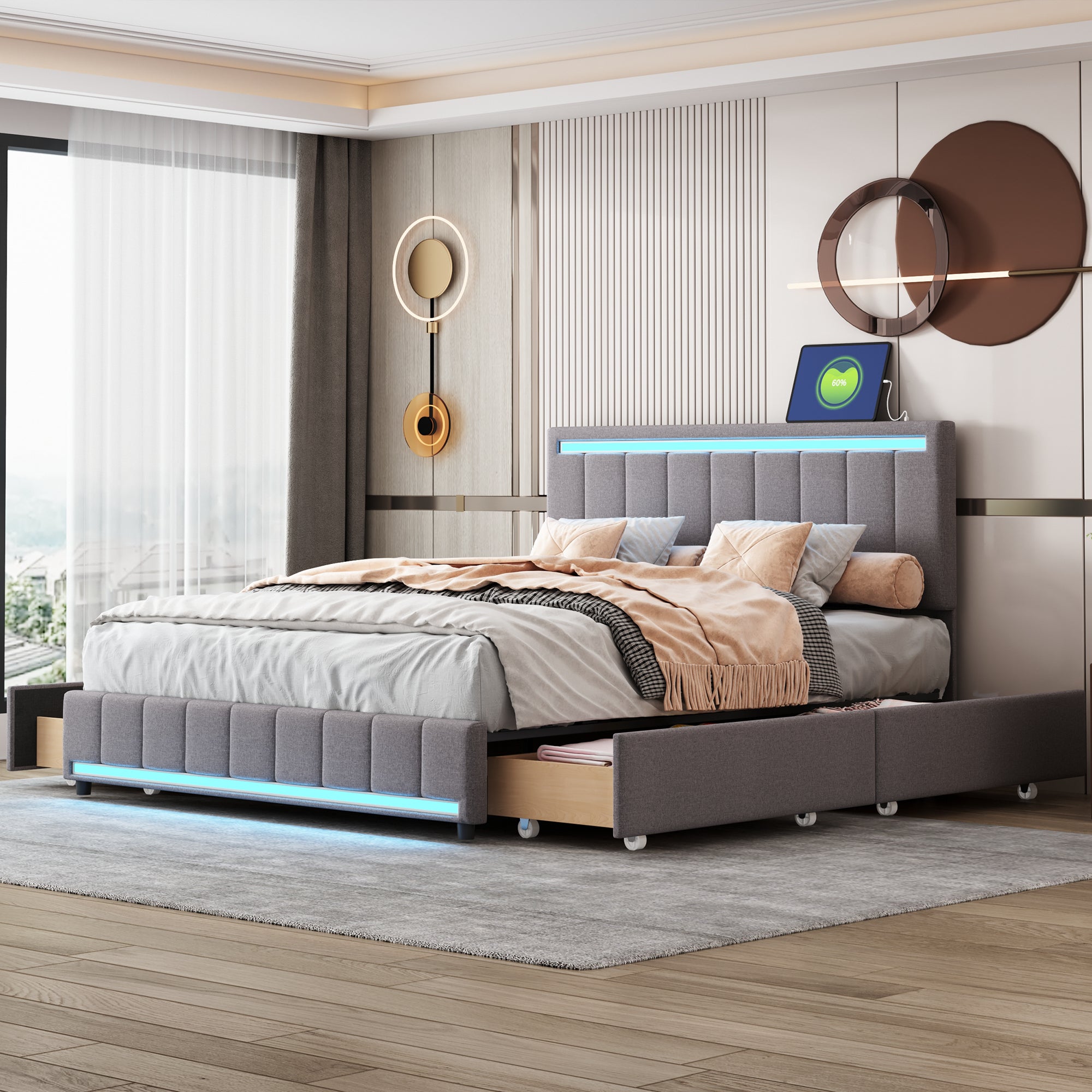 Queen Size Upholstered Bed with LED Light and 4 Drawers,  Modern Platform Bed with a set of Sockets and USB Ports, Linen Fabric, Beige - Atlantic Fine Furniture Melbourne FL