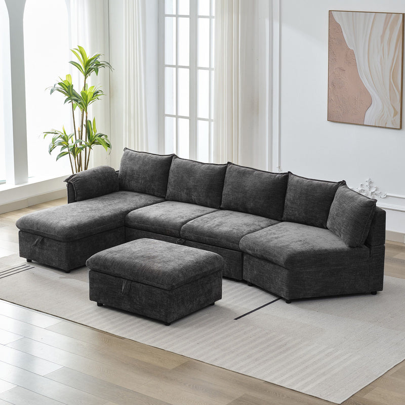 L-Shaped Sofa Sectional Sofa Couch Pull-Out Sofa Bed With A Movable Storage Ottoman, A Storage Chaise Lounge And Two USB Ports For Living Room