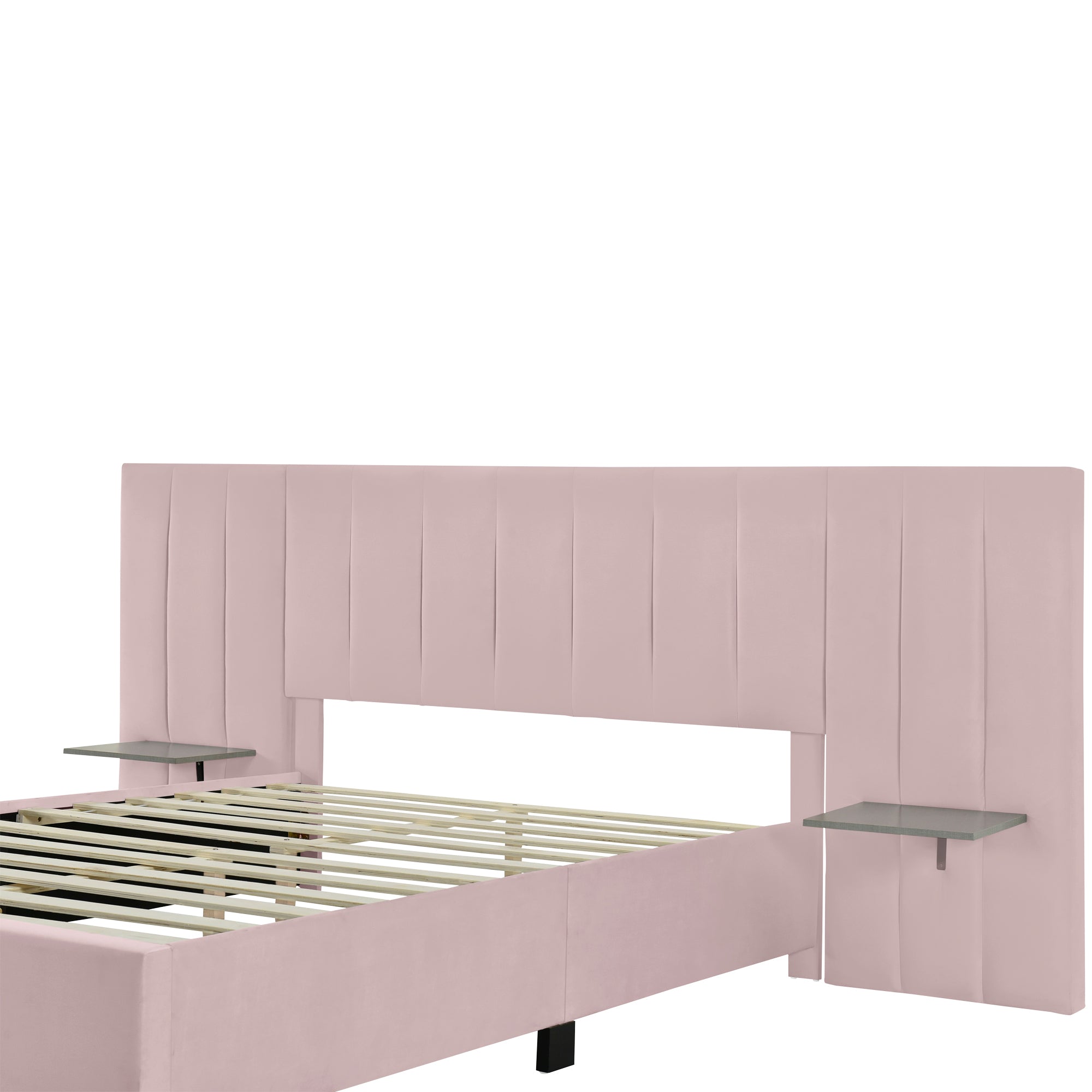 Queen Size Upholstered Platform Bed with Big Headboard, Bedroom Furniture, Velvet, Pink - Atlantic Fine Furniture Melbourne FL