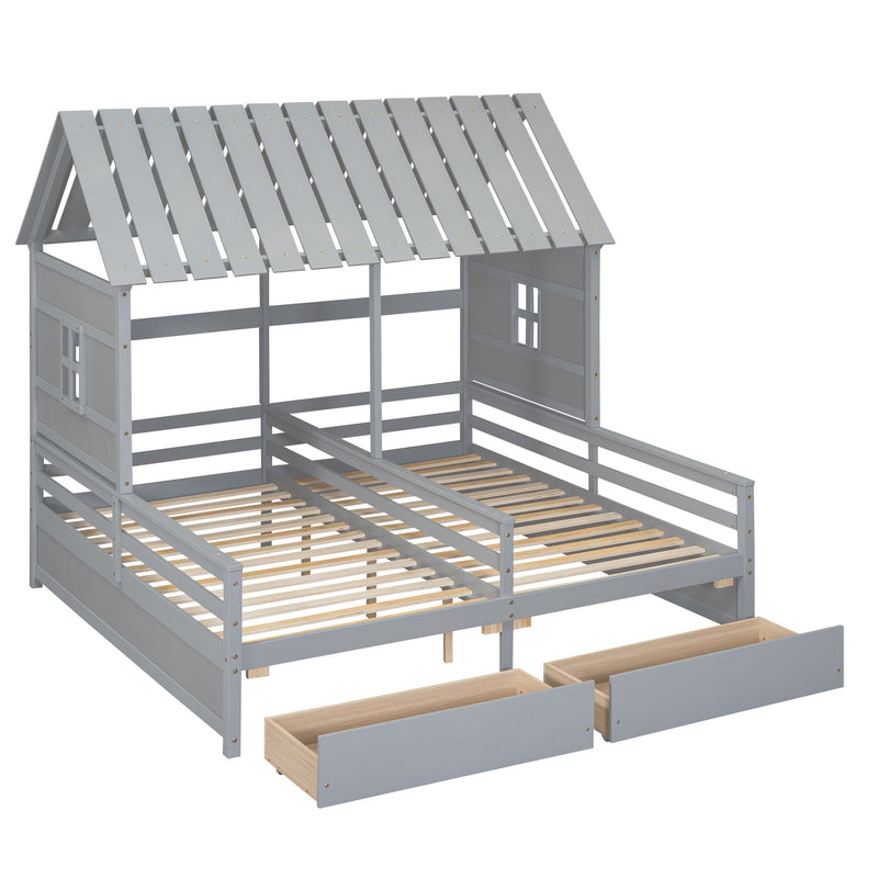 Twin Size House Platform Beds With 2 Drawers For Shared Use - Gray