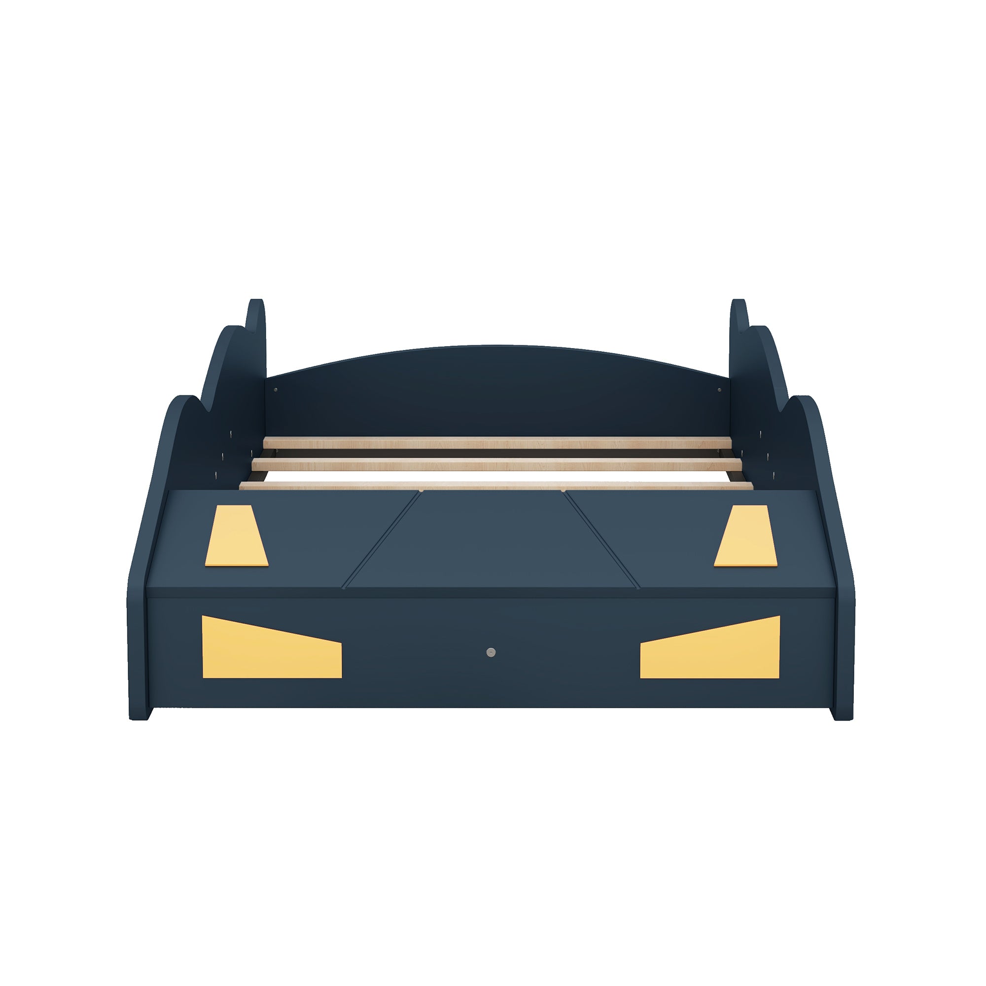 Twin Size Race Car-Shaped Platform Bed with Wheels and Storage, Dark Blue+Yellow