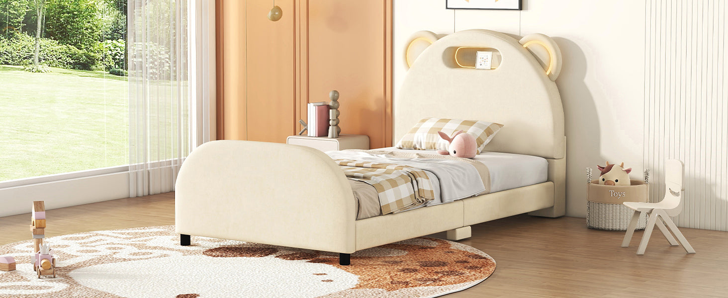 Twin Size Upholstered Platform Bed with Bear-Shaped Headboard and Embedded Light Stripe, Velvet, Beige - Atlantic Fine Furniture Melbourne FL